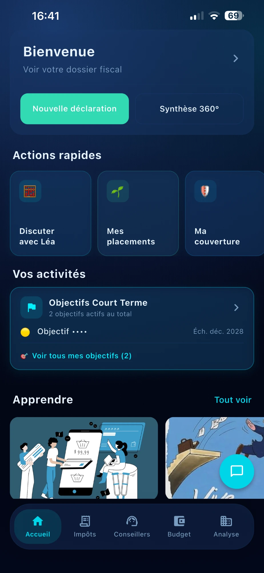 Écran d'accueil de l'app Nora