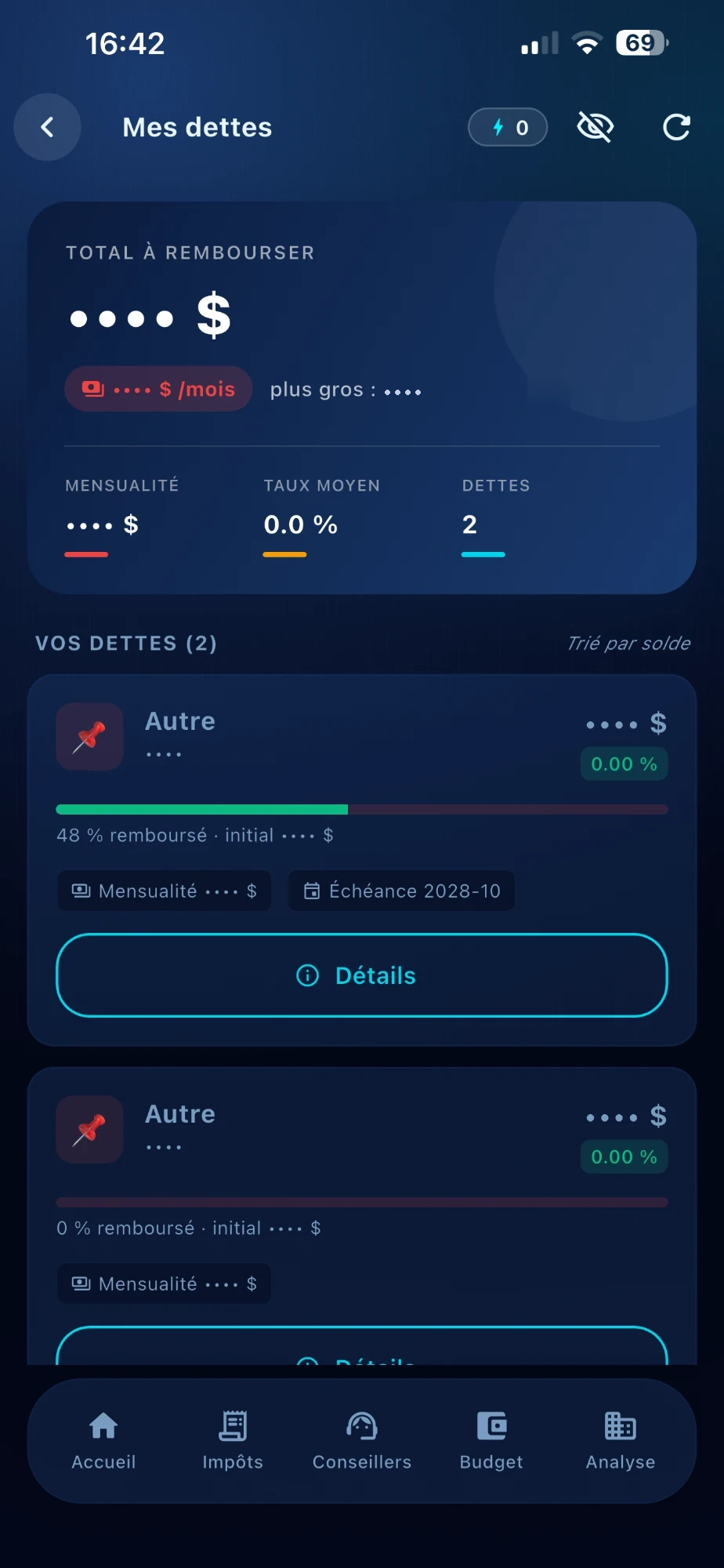 Mes dettes — solde et plan de remboursement